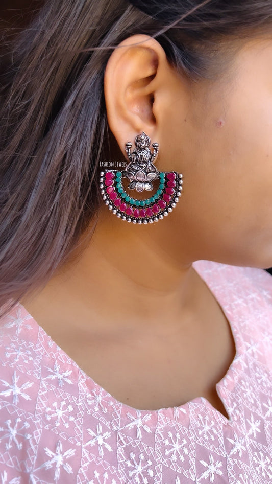 Silver oxidised lakshmi stone Chandbali - Fashion Jewels