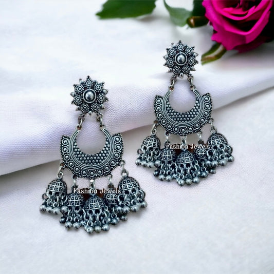 Silver oxidised multiple Jhumki chandbali - Fashion Jewels