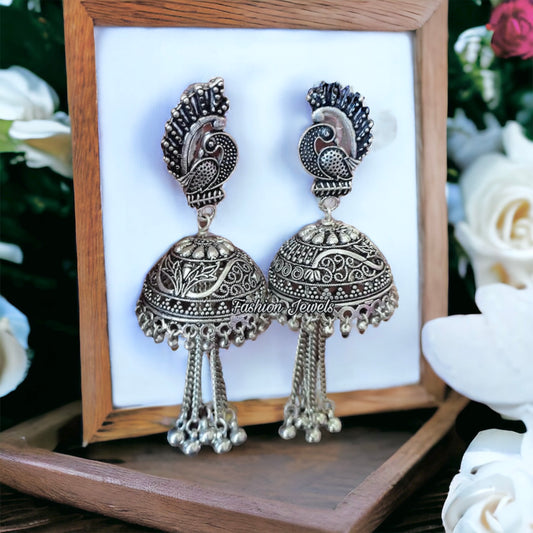 Silver oxidised peacock hanging jhumka - Fashion Jewels