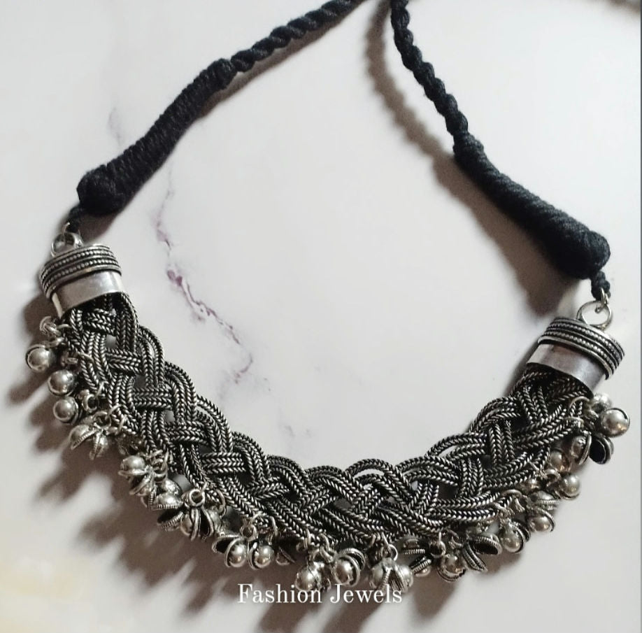 Silver oxidized twisted Ghunghroo Choker - Fashion Jewels