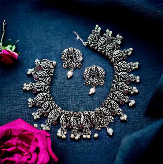 Silver peacock designed ruby pearl Necklace set - Fashion Jewels
