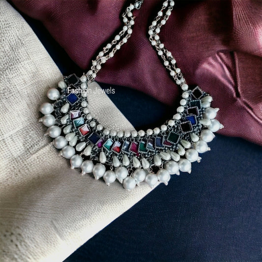 Silver pearl Enamel Trendy Choker - Fashion Jewels