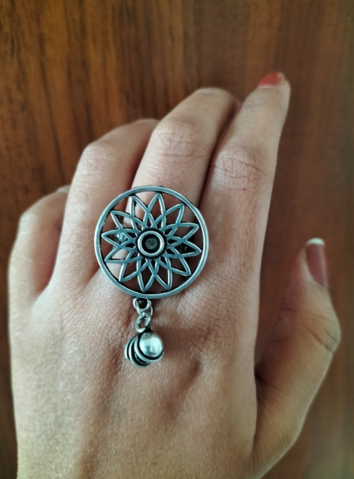 Silver statement flower Ghunghroo Ring - Fashion Jewels