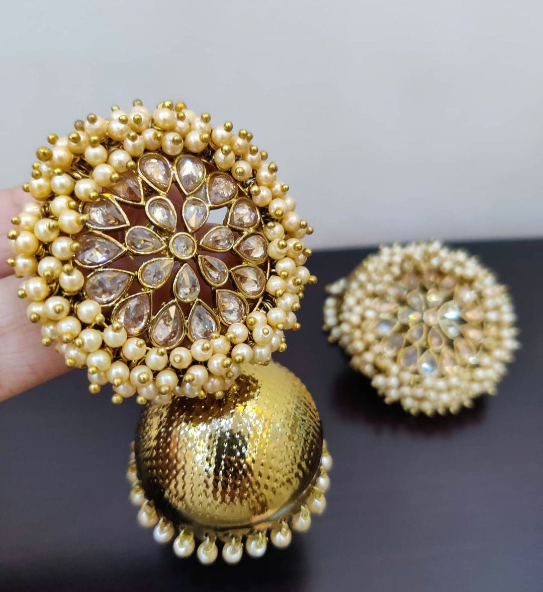 Suhana Golden Festive Pearl Cluster Jhumka - Fashion Jewels