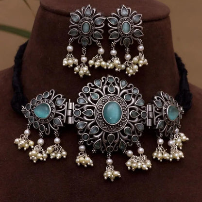 Suhani Pearl Mint stones Silver Choker set - Fashion Jewels