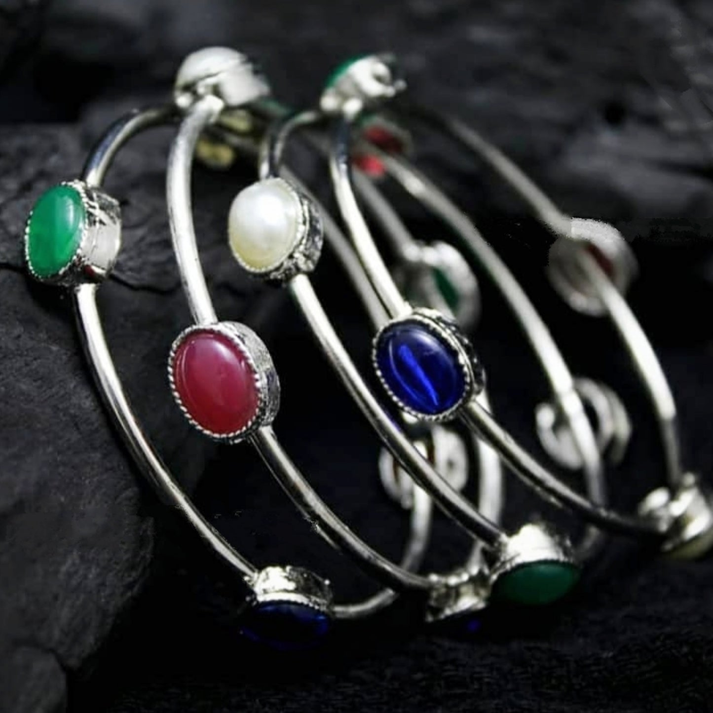 Suheli Silver Natural stone bangle set - Fashion Jewels