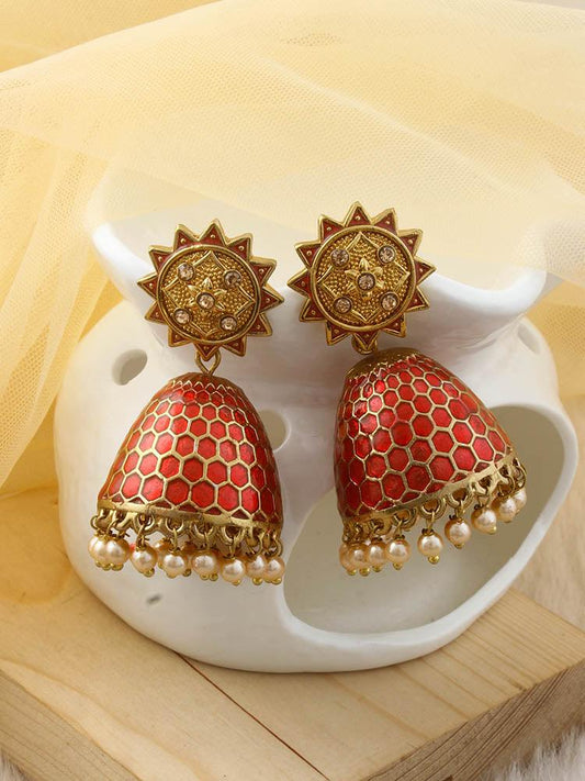 Swedhi Red Bell Kundan Jhumka - Fashion Jewels
