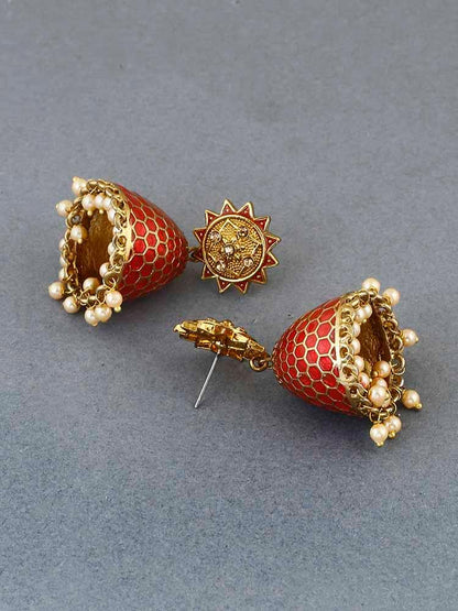 Swedhi Red Bell Kundan Jhumka - Fashion Jewels