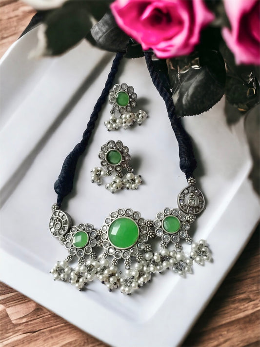 Vinita zircon pearl silver choker set - Fashion Jewels