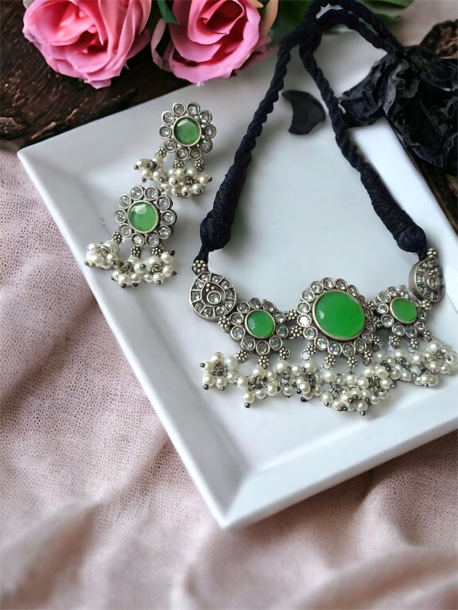 Vinita zircon pearl silver choker set - Fashion Jewels