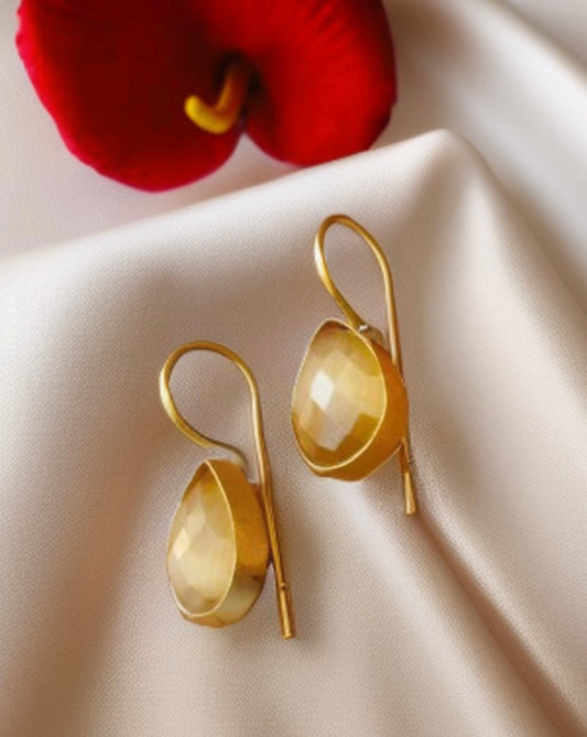 Yellow golden matte stone hook earrings - Fashion Jewels