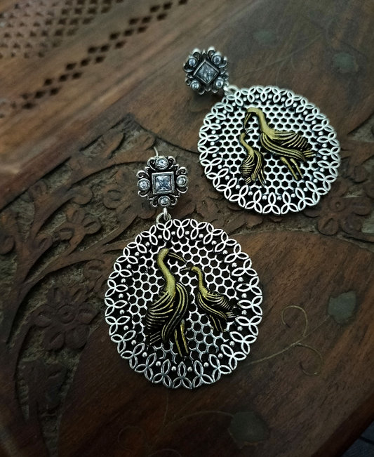 Zircon dualtone peacock engraved Earring - Fashion Jewels